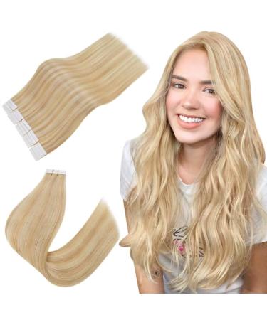 Easyouth Tape in Hair Extensions Blonde Highlight Tape in Extensions Human Hair 14 Inch 40g 20Pcs Invisible Tape in Real Hair Extensions Tape in Blonde Hair 14 Inch #27P613