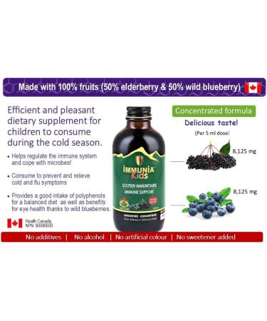Immunia KIDS - Elderberry Supplement for Kids. Canadian Elderberry & Wild blueberry concentrated. Immune Support. Delicious taste. No sugar added. Made in Canada with fruits from Canada. (1-pack) 120 ml (Pack of 1) - Buy Online on GoSupps.com
