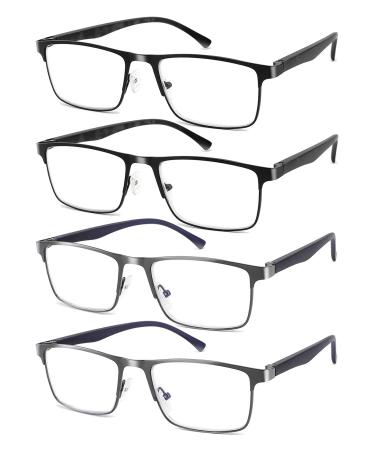 4-Pack Mens Reading Glasses Blue Light Blocking Spring Hinge Stylish Metal Full Frame Readers for Men Anti Glare Filter Eyeglasses +2.0 4-pack(2 Black+ 2 Gunmetal ) 2.0