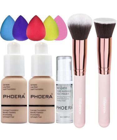 Foundation Make for PHOERA Nude 102 and Face Primer Liquid Full Coverage Foundation Set Foundation Brush Powder Brush 5 Makeup Sponge 24HR Matte Oil Control Concealer (102 Nude) 340 g (Pack of 1) 102 Nude - Buy Online on GoSupps.com