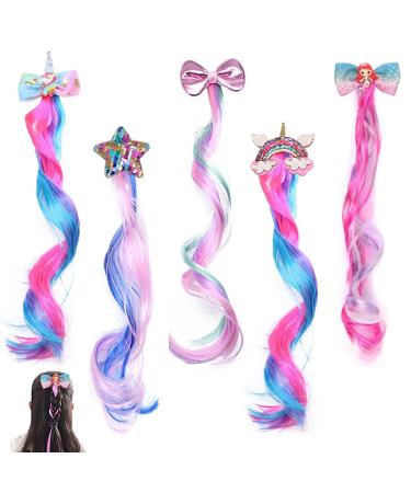Sunak hair clips girl hair accessories color gradient hair extension clips unicorn hair loops pink hairpins for children mermaid princess birthday party 5 pieces