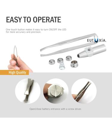 Eutuxia Tweezers with LED Light. Eyebrow and Eyelash Hair Removal Tool. Pluck & Trim Unwanted Hairs. Illuminate Dark Areas with Bright Lighting for Better Accuracy & Precision. Stainless Steel. 2 PK  - Buy Online on GoSupps.com