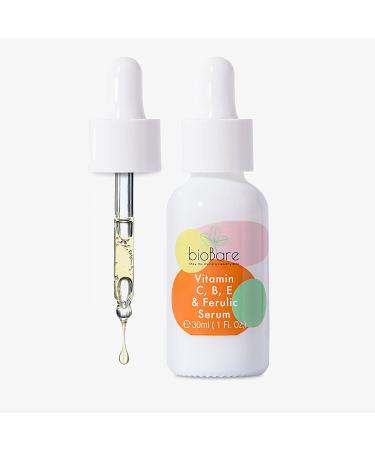 Vitamin C B E  and Ferulic Serum For Face By BioBare | 20% Pure Vitamin C W/Hyaluronic Acid | Helps Keep Skin Young  Moist  Bright & Glowing | Helps With Fine Lines  Wrinkles  Dark Spots | 1Fl Oz
