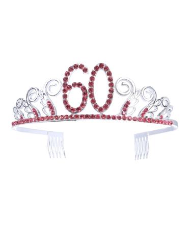 Frcolor 60th Birthday Tiara Crystal Rhinestone Women 60th Birthday Crown with Combs Silver Red