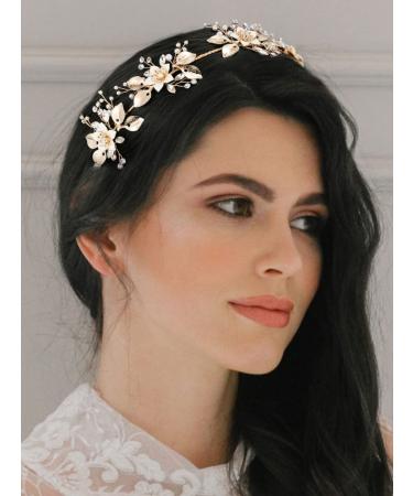 SWEETV Gold Crystal Flower-Leaf Bridal Headband | Wedding Hair Accessories for Brides - Buy Online on GoSupps.com