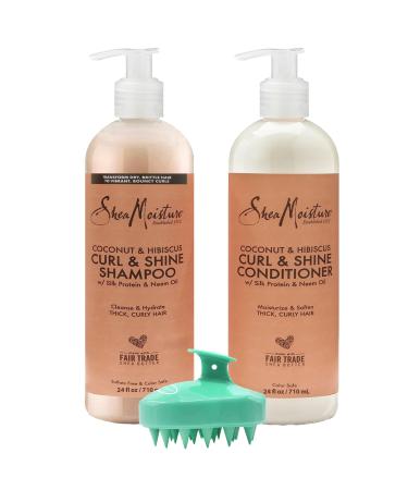 Shea Mosture Shampoo and Conditioner Set - 24 Fl oz. Ea - Coconut & Hibiscus Curl & Shine for Thick Curly Hair with Silk Protein Neem Oil & Coconut Oil - Bundled with Peaknip Scalp Massager Brush