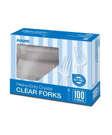 POSATE Heavy Weight Plastic Forks, Clear Disposable, 100 Count Clear Forks