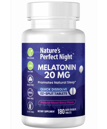 Nature's Perfect Night | Melatonin 20mg | 180 Quick Dissolve Tablets | Natural Mixed Berry Flavor |High Potency | Sugar Free | Vegan | Gluten Free | Value Size