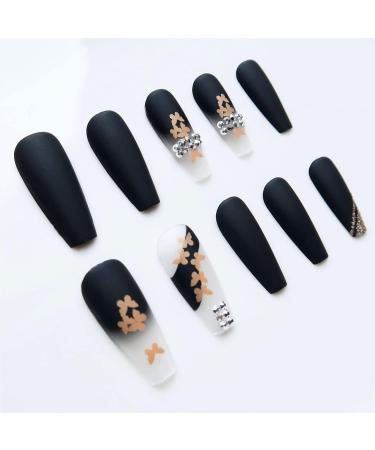 Justotry 24PC Coffin Black Nails - Long Gold Glitter French Press-On Artificial Nails for Women | Stylish Ballerina Fingernails with Butterfly Design - Buy Online on GoSupps.com