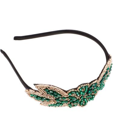 Lurrose Rhinestone Flapper Headband Beads Flower Hair Hoop Vintage Headband for Wedding Tea Party (Green)