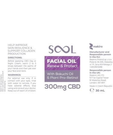 SOOL CBD Facial Oil Renew & Protect 300mg 30ml With Bakuchi Oil & Plant ProRetinol CollagenFriendly Formula - Buy Online on GoSupps.com
