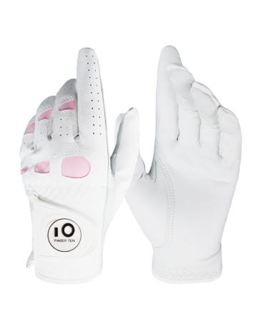 FINGER TEN Womens Leather Golf Glove with Ball Marker Extra Grip 1 Pack, Left Right Hand Pink Fit Woman Girl, Size Small Medium Large XL Medium Left