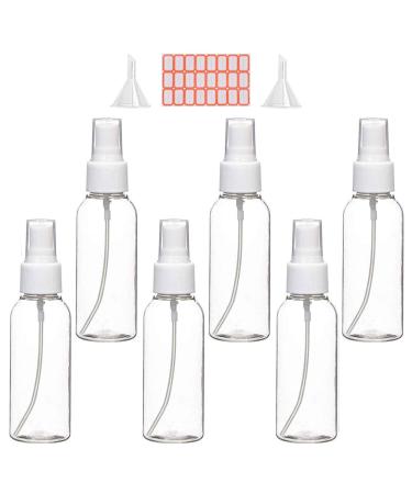 Spray Bottles, 2oz/50ml Clear Empty Fine Mist Plastic Mini Travel Bottle Set, Small Refillable Liquid Containers with 2pcs Funnels and 24pcs Labels (6 Pack)