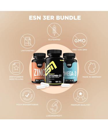 ESN Vitamin D3 + Omega 3 (1000mg) + Zinc (25mg) - Set of 3 | Boost Immunity & Overall Health | International Shipping Available - Buy Online on GoSupps.com