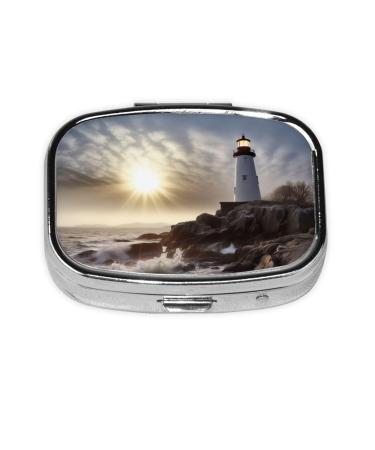 Lighthouse Rocks Seaside Printing 2 Compartment Small Pill Case Cute Small Pill Box Purse Pill Boxs Travel Pill Organizer for Pocket Purse and Travel Gifts