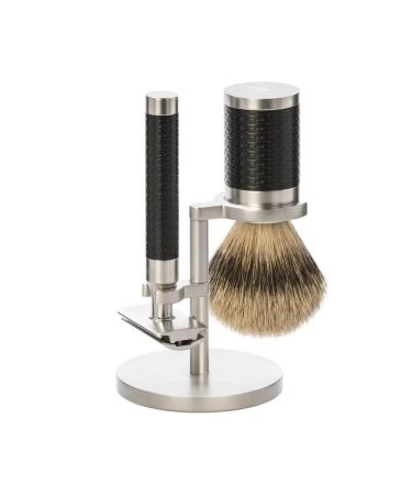 M HLE Rocca shaving set - shaving brush with silvertip badger safety razor and holder - handles made of black stainless steel
