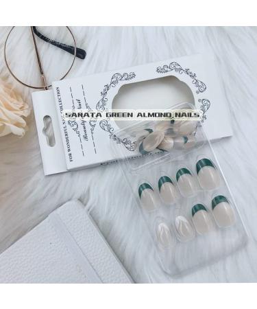 24Pc Short Glossy Almond Design Press on Nails - French Green False Nails Kit with Glue - Oval Green White Nail Tips - Buy Online on GoSupps.com