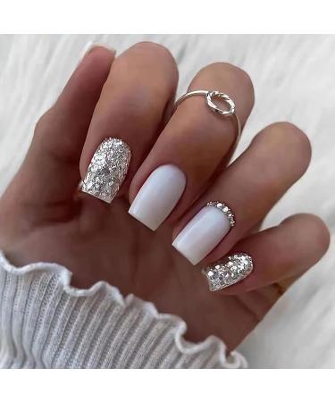 24Pcs White Press on Nails Short Square Fake Nails Silver Sequin Design Rhinestone Acrylic False Nails Glossy Full Cover Nails for Women and Girls Artificial Nails Style 10