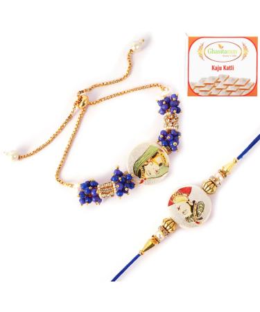 Ghasitaram Gifts Rakhis Online - Rakhi for Brother-King Queen Bhaiya Bhabhi Rakhi with 200 GMS of Kaju katli Rakhi Set with 200 gms of Kaju katli