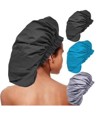 ELEBOX Large Shower Cap 3 Pack Oversized Shower Cap for Long Hair Waterproof Bath Cap Reusable Hair Caps for Women Hair Protection X-Large Black Blue Gray