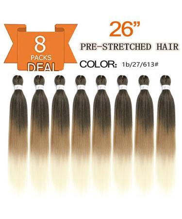 SHUOHAN 26 Inch Pre-stretched Braiding Hair Extensions 8 Pack - Yaki Texture Crochet Braids in 1B/27/613 Black to Light Brown to Beige - Hot Water Setting Synthetic Hair for Twist Braids - Buy Online on GoSupps.com