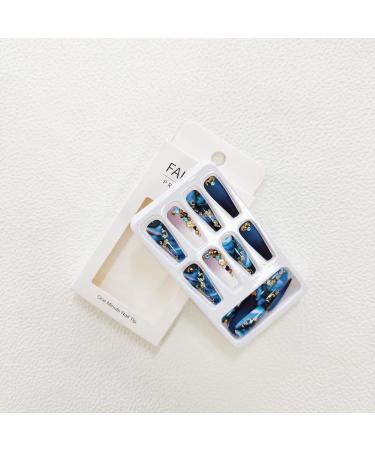 Blue Coffin Press on Nails with Gold Foil & Rhinestone Design - 24Pcs Medium Fake Nails for Women and Girls - Buy Online on GoSupps.com