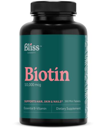Bliss Serenity Biotin 10000mcg - Max Strength Biotin Supplement - Hair Skin and Nails Vitamins for Women & Men Hair Growth Vitamins & Energy Production Kosher Non-GMO 360 Mini Tablets