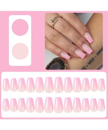NICENEEDED Square Press on Nails Medium Length Gradient Pink Glossy Ballerina False Nails Cute Glue on Nails with Nail Glue Stickers for Women Girls Daily Wear - Buy Online on GoSupps.com
