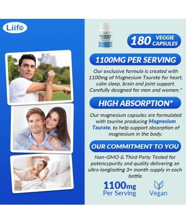 LIIFE Magnesium Taurate 1100mg -180 Vegetarian Capsules-200MG Elemental Magnesium Per Serving - Supports restful Sleep & Helps Maintain Healthy Muscle Function - Buy Online on GoSupps.com