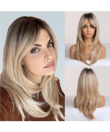 Blonde wigs for women synthetic long slightly curly layered wig with fringes.Natural ombre blonde with dark roots for daily wearing and at a party wavy ombre blonde - Buy Online on GoSupps.com