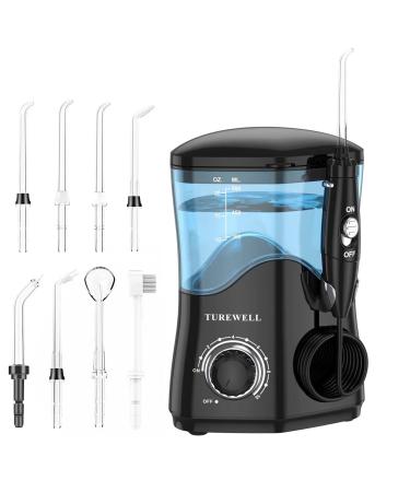 TUREWELL Water Dental Flosser for Teeth/Braces, Water Teeth Cleaner Pick 8 Jet Tips and 10 Pressure Levels, 600ML Large Water Tank Oral Irrigator for Family(Black)