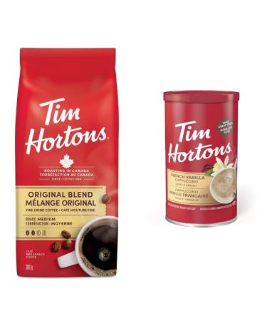 Tim Hortons Original Coffee Fine Grind Bag Medium Roast 300g & Instant Cappuccino French Vanilla 16 Ounce Coffee Original Blend + Instant Cappuccino 1 Count (Pack of 1)