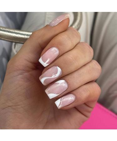 Swirl Design White Full Cover Square Fake Nails (24PCS) - Trendy Short Press-on Nails for Women and Girls - Buy Online on GoSupps.com