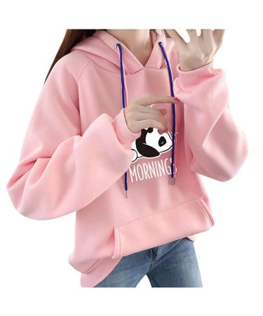 Bigfanshu Women's Dresses Autumn Hoodies Character Print I Hate Morinings Sweatshirt with Pocket Pink