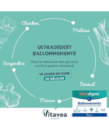 Ultradigest Bloating - Gastrointestinal Comfort - Charcoal Purple Fennel Melissa Ginger - Facilitates Digestion - 30 Vegetable Capsules - 10 Days - Made in France Vitavea - Buy Online on GoSupps.com