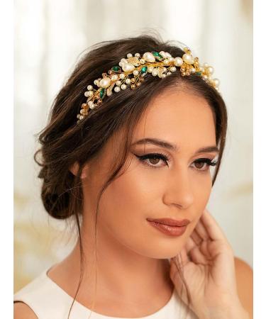 IYOU Pearl Wedding Headband Gold Crystal Bride Hair Bands Crown Rhinestone Prom Bridal Hair Accessories for Women - Buy Online on GoSupps.com