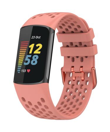 TopPerfekt Sport Bands Compatible with Fitbit Charge 5, Adjustable Breathable Soft Silicone Sport Replacement Watch Band Straps Wristbands Bracelet for Charge 5 Activity Tracker Women Men 1-Orange pink