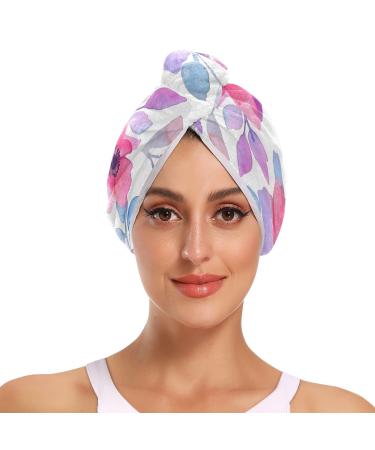 Watercolor Purple Flowers Hair Towel 2 Pack Super Absorbent Hair Drying Towel Quick Dry Hair Turbans Head Towel with Button Twisty Wrap for Women Girls