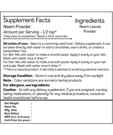 Organic Neem Leaves Powder 227g - Pure and Natural (1/2 lb) | H&C - Buy Online on GoSupps.com