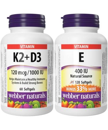 Webber Naturals Vitamin K2 with D3 60 Softgels Helps Support Bones Teeth and Immune Function Gluten & Dairy Free & Vitamin E 400 IU 120 Softgels Natural Source of Vitamin E Vitamin+ Softgel