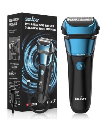 Sejoy Electric Razor for Men Wet & Dry Foil Shaver with 3-Blade & Edge Shaving Area 7500 RPM High Speed Motor Digital Power Display IPX7 Men's Electric Foil Shavers Peacock Blue