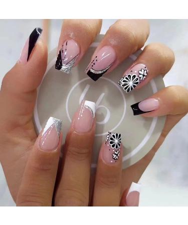 Medium Length Square Press on Nails French Tip Fake Nails with Flowers Stick on Nails Black White Silver Glitter Full Cover Nail Tips Artificial Coffin Acrylic Nails Nude False Nails for Women Girls H10