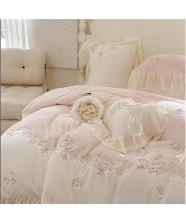 Rose Flowers Embroidery Romantic French Lace Ruffles Bedding Set Plush Warmth Velvet Fleece Duvet Cover Set Bed Sheet Pillowcase Bedding Set (Pink Flat Sheet Style_Queen) - Buy Online on GoSupps.com