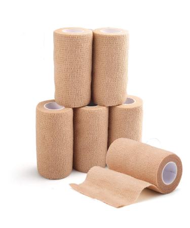 LotFancy Self Adhesive Bandage Wrap 6 Pack 4 in x 5 Yards Non Woven Elbow Cohesive Bandage First Aid Medical Tape for Ankle Knee & Wrist Sprains Tan Color Tan 4x180 Inch (Pack of 6)
