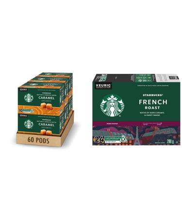 Starbucks Caramel K-Cups Single Serve Keurig Compatible Caramel Flavoured Coffee Pods for Keurig Brewers - 60 Capsules & French Roast Dark Roast Coffee Single Serve Keurig K-Cup Pods 24 Capsules Caramel + K-Cup Pods Caramel 10 Count (Pack of 6)