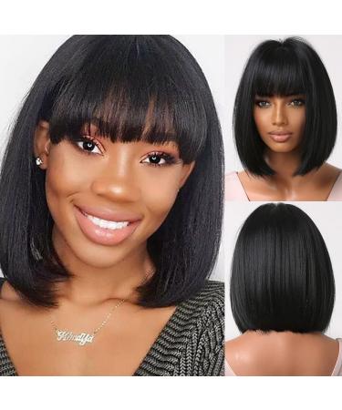 AWEE Black Short Bob Wig with Bangs - 10 Inch Natural Straight Synthetic Hair for Daily Wear and Cosplay - Buy Online on GoSupps.com