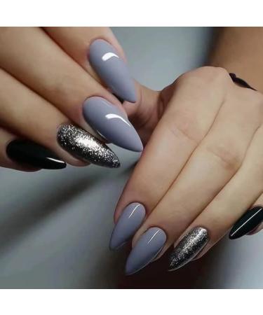 JUSTOTRY 24 Pcs Glitter Stiletto False Nails Short Grey and Black French Press on Nails Pattern Pretty Fake Nails Short with Nail Glue Almond Stick on Nails for Women Nails Fake Nail for Nails Art grey&glitter