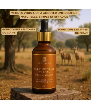 MEQNES Huile d'Argan Bio 100% Pure Press e Froid au Maroc - Nourrit & R pare Anti- ge Anti-Tache - Huile Argan Cheveux Visage Corps - Vegan - Flacon Verre Ambr - 50ml - Buy Online on GoSupps.com
