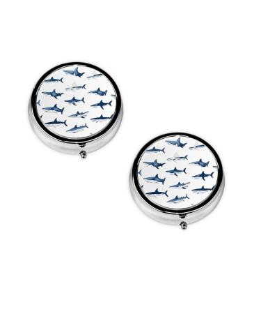 (Sharks) Round Pill Box 3 Compartment Pill Box Mini Decorative Pocket Purse Portable Travel Medicine Tablet Vitamin Holder Organizer Pill Case