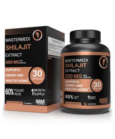 MasterMedi Shilajit 500mg Himalayan Extract Standardized to Fulvic Acid Energy Stamina & Vitality Support 30 Vegan Capsules Non-GMO Gluten-Free No Fillers